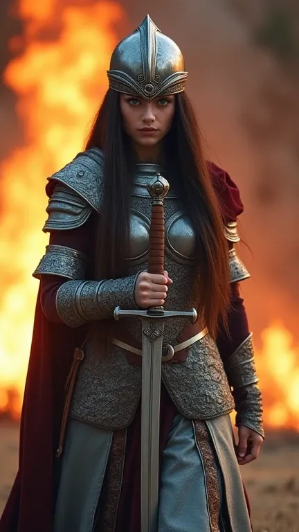 Create A Very Beautiful irani long Hair Young Woman Warrior Wearing Warrior Suite, Holding A Sword Infront On Her Eyes Ready For Fight, Fire Burning Background, Helmet, Straight Hairs, long Hairs, Walking Straight, Blue Beautiful Eyes, Unreal Glowing White...