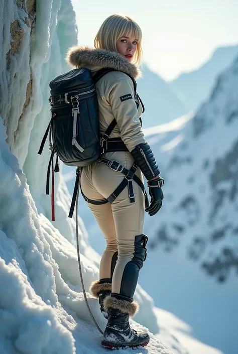 (portrait très détaillé)Une femme belle 45 ans, sexy porte une combinaison dhiver en latex beige avec des éléments noirs, la combinaison est recouverte de neige qui réfléchit la lumière du soleil, elle a des cheveux blonds court raide,  sa poitrine est pet...