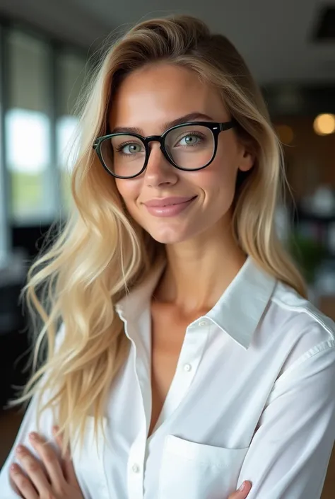 A young European-looking woman with long blond hair wearing glasses and a white office shirt realistic photo