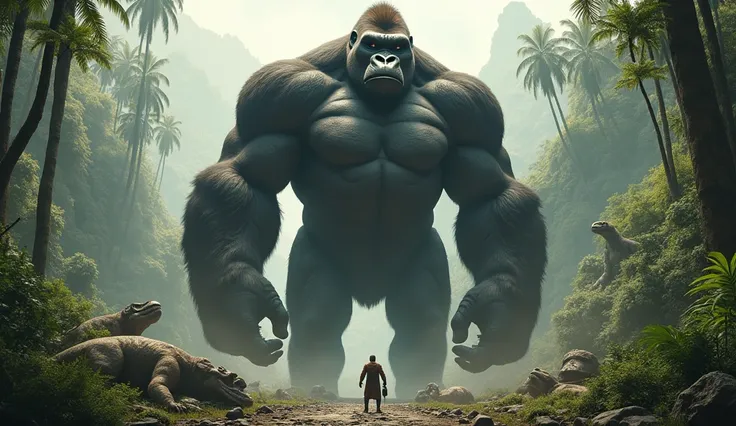 Gigantic gorilla on a prehistoric island full of prehistoric animals