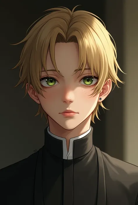 A young male priest with blond hair and brown roots. Green eyes. Smooth skin and light freckles. Light skin. Shoulder-length hair with a parting. Slim silhouette. Slightly dark circles under the eyes. Mole under the right eye and on the left side below the...