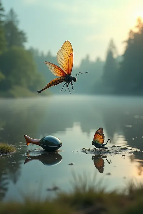 Dans un paysage naturel baigné de lumière, une libellule réaliste avec des ailes translucides et colorées est suspendue dans les airs, faisant face à un hélicoptère moderne de petite taille, posé sur le sol. Les deux sont alignés, presque comme sils se déf...