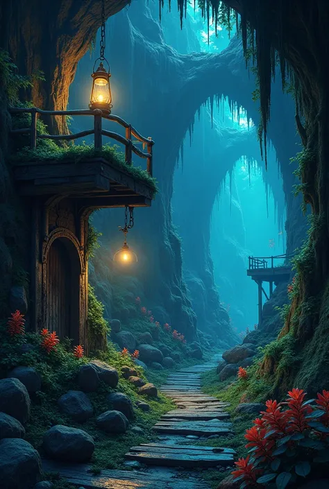 Describe an overgrown mineshaft in a vibrant cave, where glowing plants and bioluminescent fungi illuminate the path alongside the soft glow of a lantern perched on a rotting wooden beam."