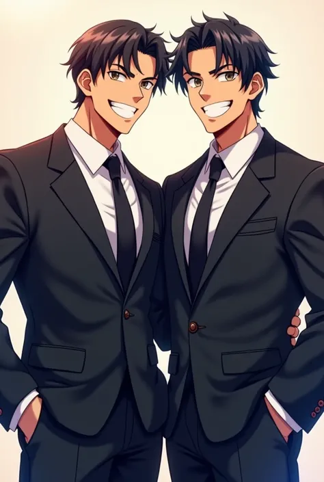 Anime brothers european looking brunette muscled suit handsome big smiling