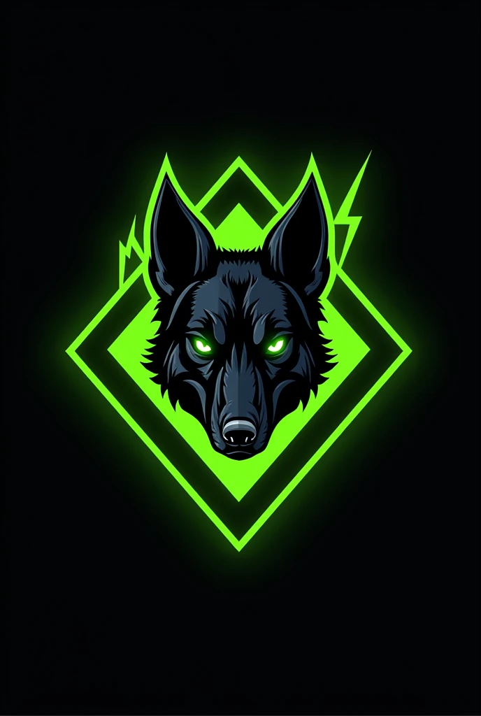 Un logo pour un club de sport. Dans un losange une tête de chien agressif déterminé type malinois. Des éclairs dans les yeux vert fluo. Couleurs, vert fluo, noir. Style logotype, pictogramme