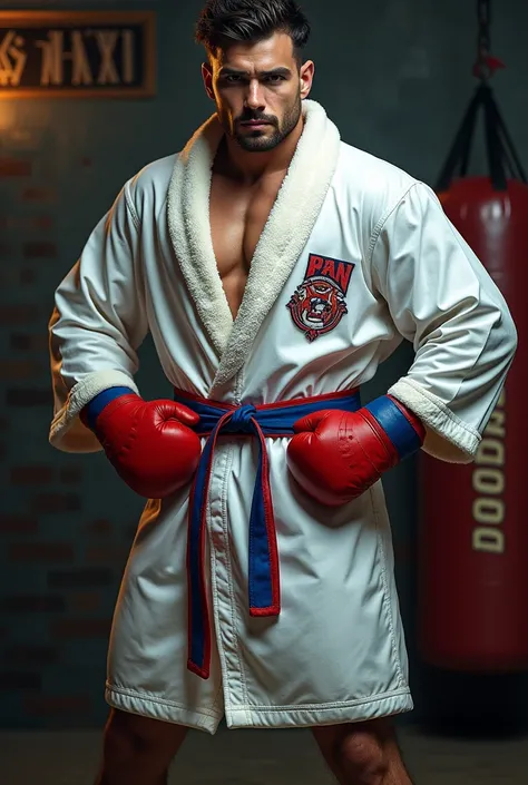 Create white boxers robe, red and blue
