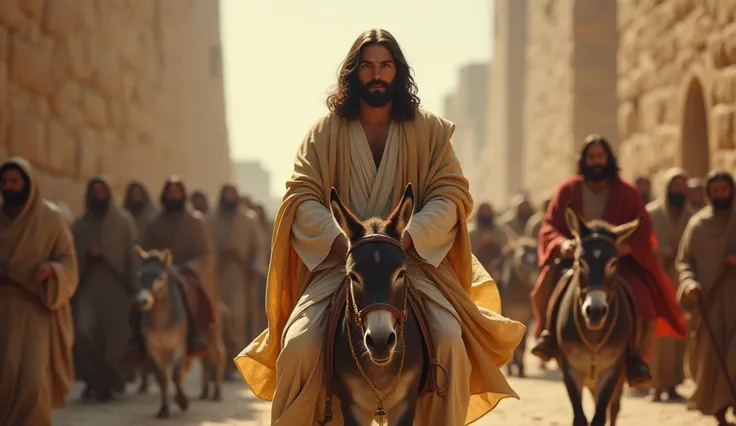 Jesus Entering Jerusalem Riding on a Little Donkey, realistic image in close up 