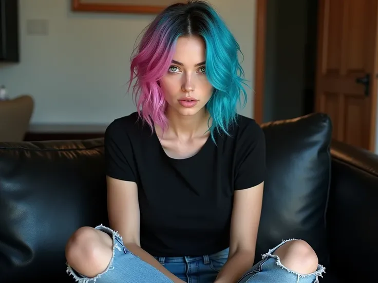 Full body picture of a beautiful croatian woman with asymmetrical gradient blue and pink hair and green eyes, wearing punk t-shirt and short torn jeans, sitting in leather Black sofa, full body picture, epic character composition, sharp focus, natural ligh...