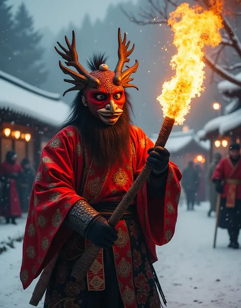  Akita Prefectural Traditional Event 、 Namahage Repels Evil Spirits ,He is in a traditional Japanese village in the snow ,carrying a fire torch. Realistic and cinematic image in details rich in perfection 