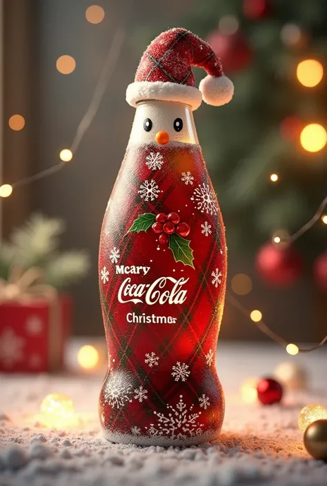 Create an image of a soda bottle painted and decorated in a Christmas style
