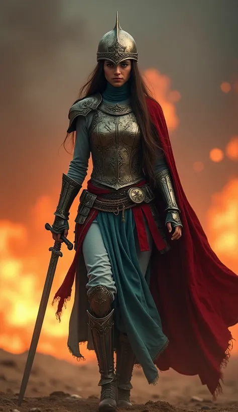 Create A Very Beautiful Palestine Long Hair Young Woman Warrior Wearing Warrior Suite, Holding A Sword Infront On Her Eyes Ready For Fight, Fire Burning Background, Helmet, Straight Hairs, long Hairs, Walking Straight, Blue Beautiful Eyes, Unreal Glowing W...