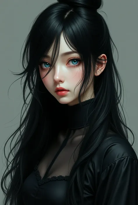   A girl,  the girl with the black and long hair tied together blue eyes and black clothes. 