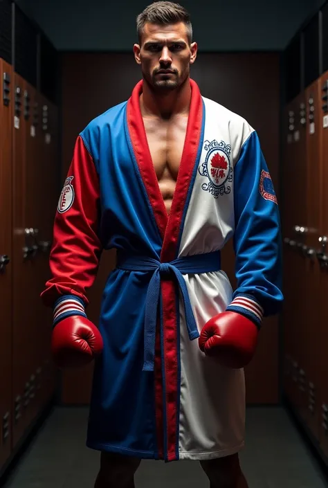 Create blue boxing robe,  red and white 
