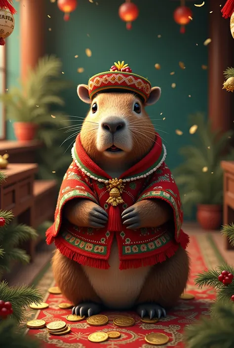  a capybara like a Peruvian would celebrate Christmas, It can also be a capybara with art of money  