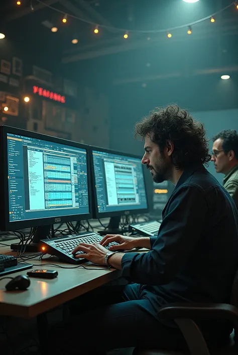 Luis Alberto Spinetta and Charly Garcia playing computer