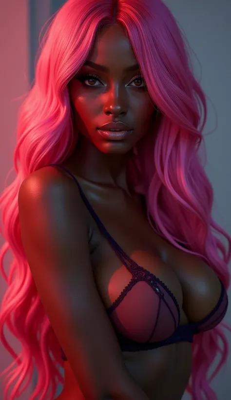 a dark-skinned woman with beautiful detailed eyes,beautiful detailed lips,extremely detailed face,long pink hair,false eyelashes,large breasts,wide hips,narrow waist,wearing a sexy outfit,seductive pose,photorealistic,8k,highres,masterpiece,ultra-detailed,...