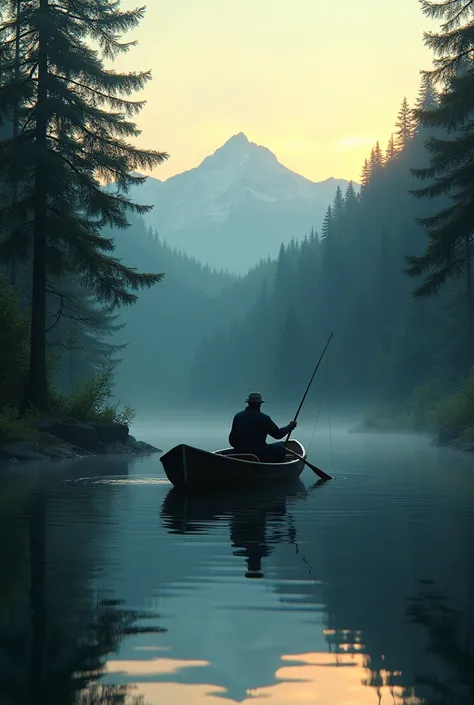 A fisherman in his boat, fishi g in the middle of a fir three forest,in the mountains ,at dusk