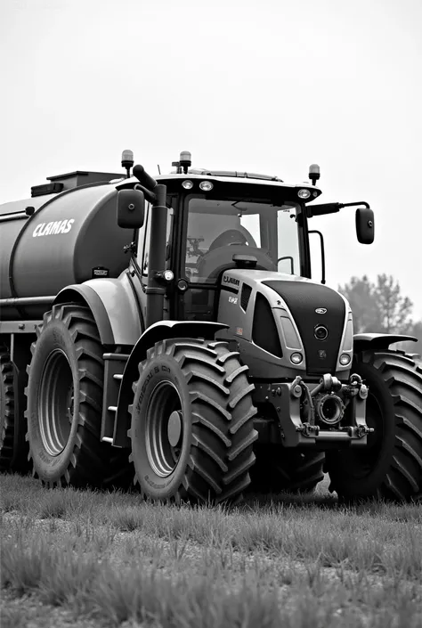 Black and white picture large Claas tractor with large corn slurry tank and shed