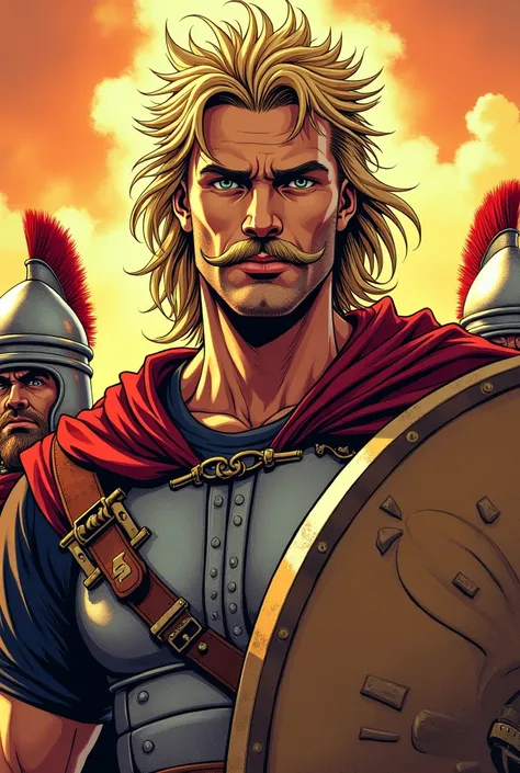 Blonde Vercingetorix with mustache on a shield carried by two Gallic soldiers in manga style