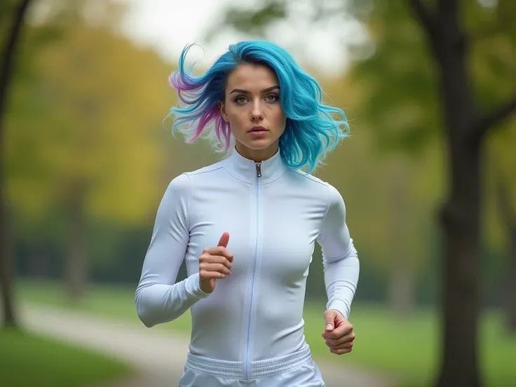 Full body picture of a beautiful croatian woman with asymmetrical gradient blue and pink hair and green eyes, wearing tight white track suit, running in the park, full body picture, epic character composition, sharp focus, natural lighting, subsurface scat...