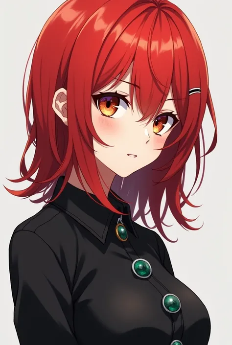 Female anime with red hair black shirt with lenses