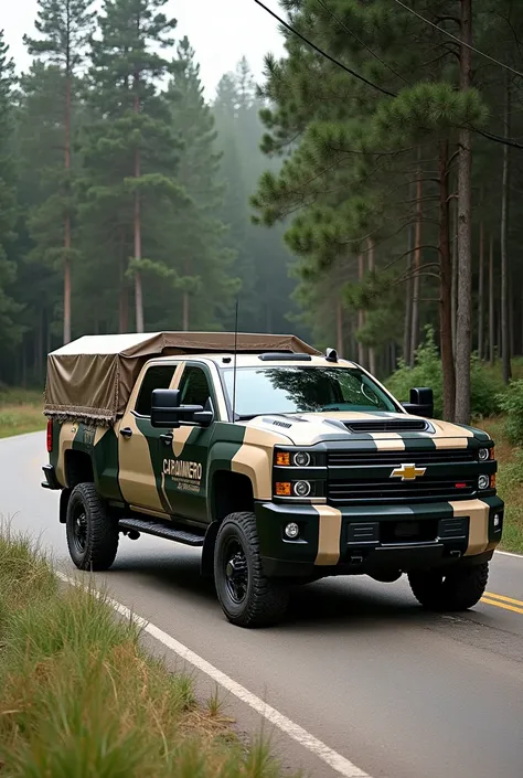 high-resolution photo of a Chevrolet Silverado 2cab 3500HD with a Tarpaulin over cargo box . The truck is painted in a camouflage pattern of black, green, brown, and cream. The letters "CARABINERO BLINDADO" are painted on the side of the truck. Lateral com...