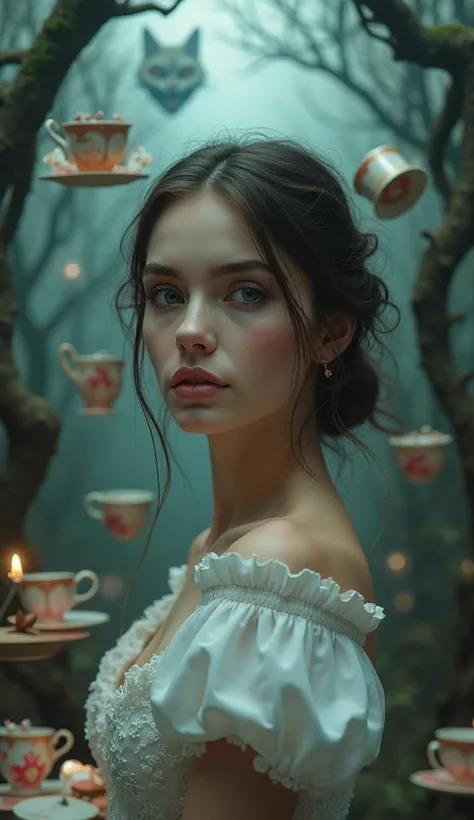 Portrait of a real-life, beautiful young woman with an eerie, dreamlike background from Alice in Wonderland. The scene should include a tea party table floating in the air, surrounded by morphing teacups and saucers, with a backdrop of twisted trees and a ...