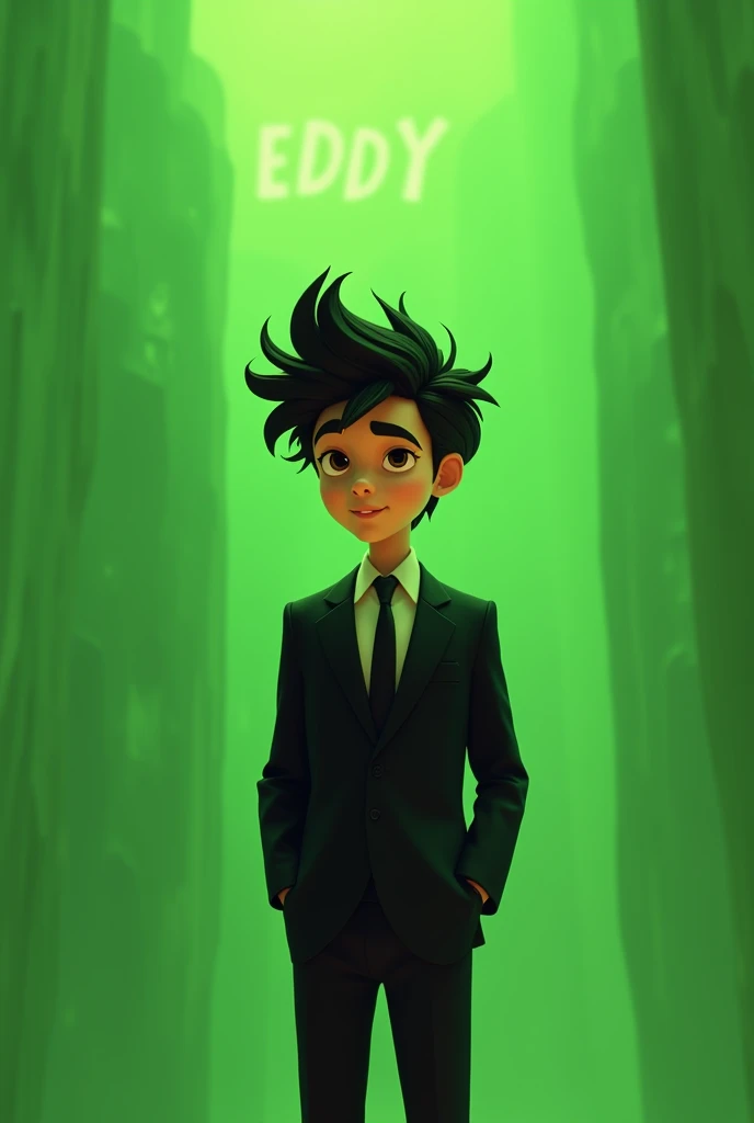 @gabriell:A Disney Pixar-Inspired movie poster with title “(Eddy)”.“(a young man with a full body in front of him, frizzy black hair with five tips up and wearing a black suit in an all-green setting)” scene should be in the distinct digital art style of p...