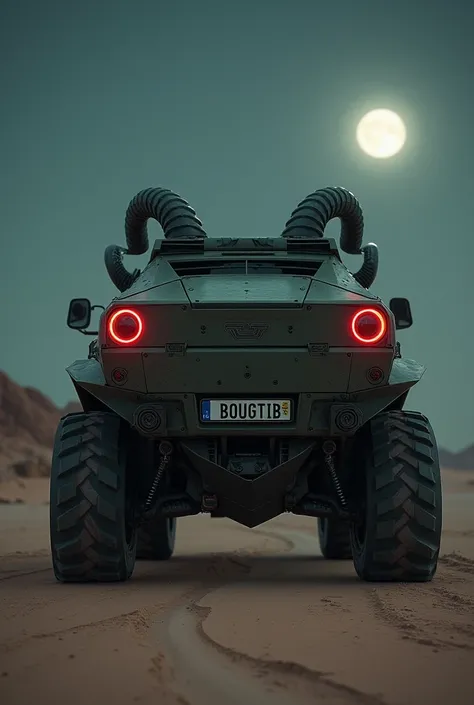 I want a RAM TIREX in matt military green in the desert at night with white lights and license plate from Spain and that says BOUGTIB 
