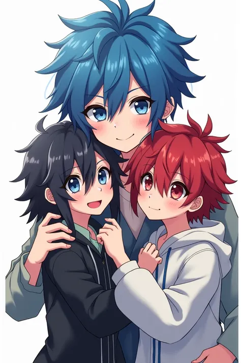 Make an anime-style blue haired character ,  showing his friends with black and red hair a poster, with white background