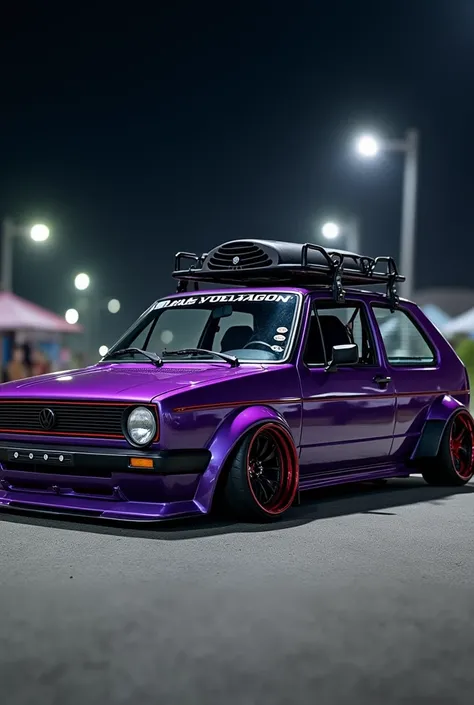 Golf mk2 midnight purple, black rims, sport kit, led angel eyes, with red details, with thule, four exhaust, bbs rims, stickers on windows 