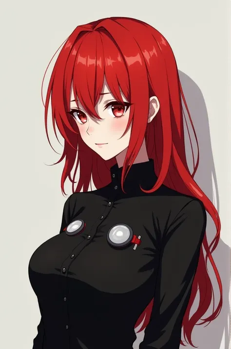 Female anime with red hair black shirt with lenses
