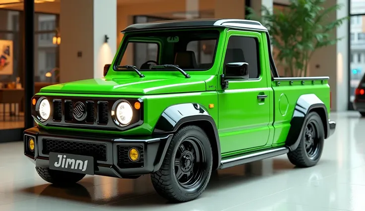 Create a 3d render of a vintage truck design featuring the 2025 [ Suzuki Jimny Vintage Truck ] . The car should be viewed from the [side] view in [green] colour vintage. Include a [Suzuki Logo] prominently on (front), the headlights are (white) ,The licens...