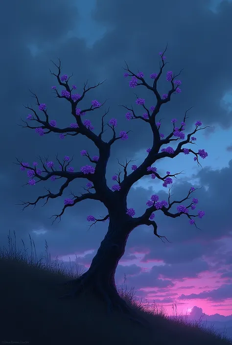  dark brown tree ,  without leaves and with purple flowers and blue-purple skies.