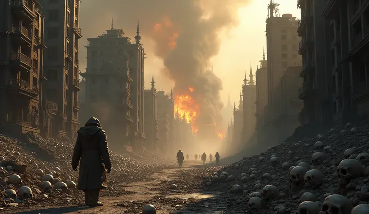  HIGH QUALITY, 8K ultra HD, City of Warhammer 40,000 destroyed without life with remains of skulls on the ground and with a storm of fire and ash