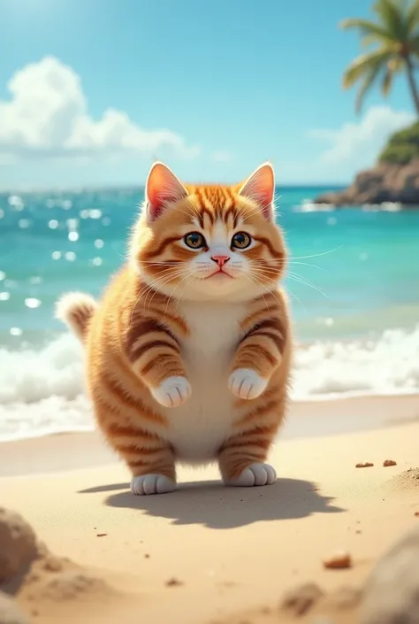 very obese kitten walking on the beach