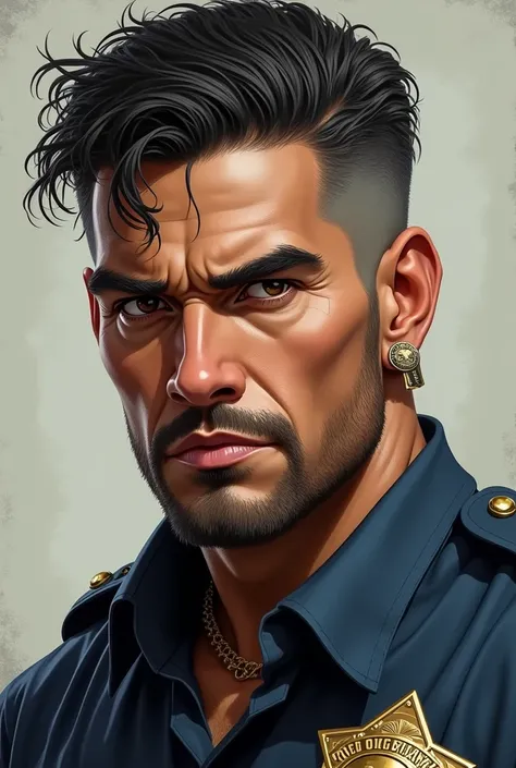 Lightly tanned. Dark curly hair. Goatee with mustache. Brown eyes. Cop. Eyebrow and ear piercings