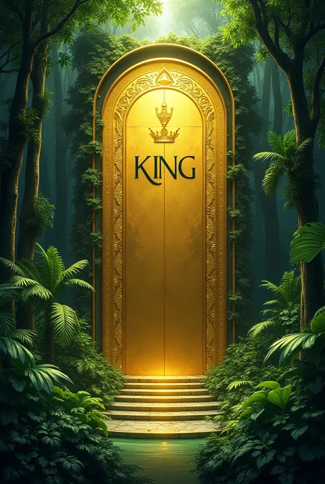 an album cover illustrating a golden wall in jungle. on it there is written “King”. the picture is rounded by green leafs.