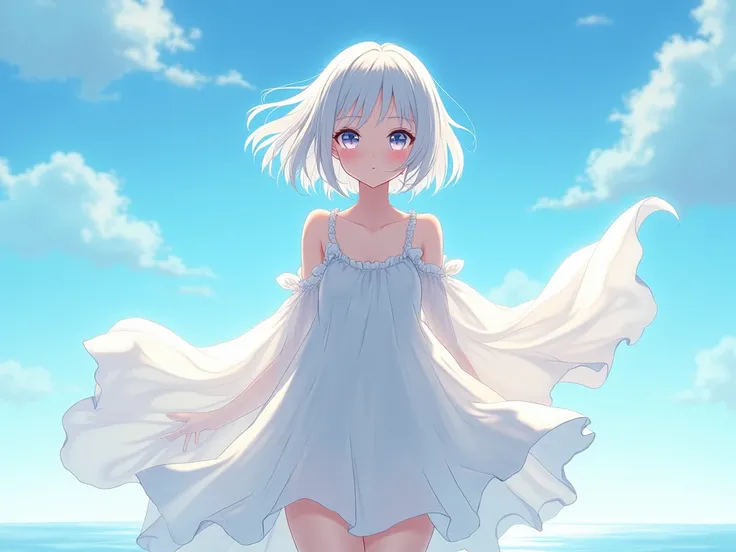  Beautiful anime girl with short white hair in a bohemian translucent dress dress, facing the viewer, she stands against the beautiful blue sky and the wind slightly shakes her hair 