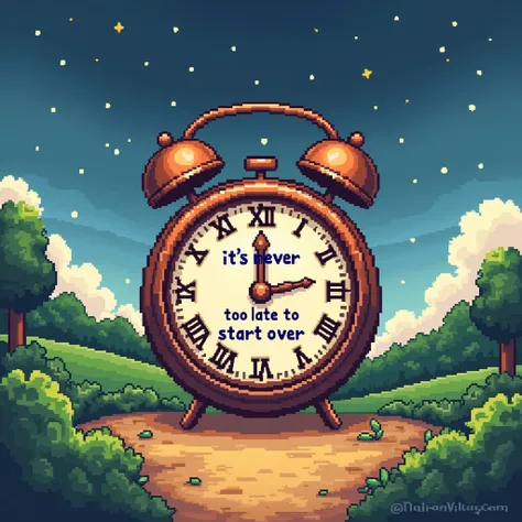 A Stardew Valley-style pixelated , with the text "It&#39;s never too late to start over"  clock