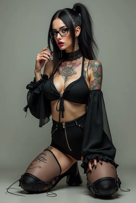 Woman. Appearance: Glasses, lip piercing, right brow piercing, arms tattoo, legs tattoo, back tattoo, neck tattoo, long black nails
Clothes: Black mini dress with a flared skirt and with slight plunging neckline, a flowing bell sleeves, accessorized with a...