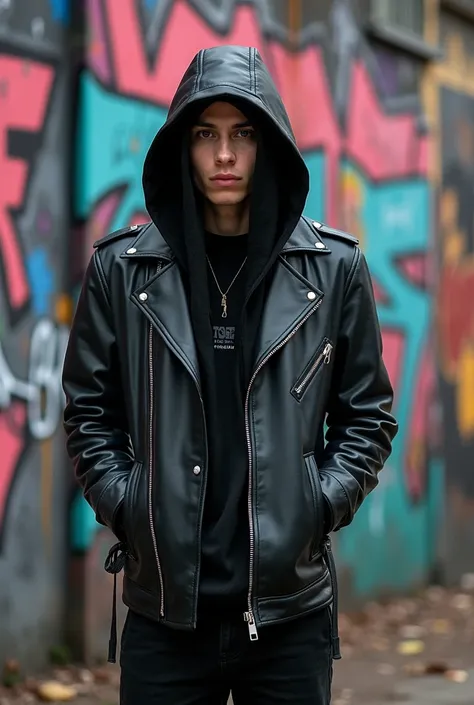 arafed boy in black jacket standing in front of a Graffiti wall, ein Bild von Maksimilijan Vanka , instagram, Graffiti, gopnik in a black Leder jacket, wearing samcrow Leder jacket, wearing cyberpunk Leder jacket, wearing Leder jacket, wearing Leder, weari...