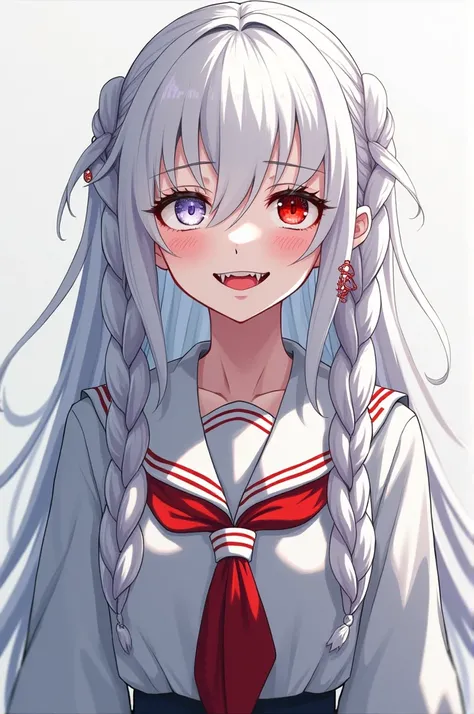 , female, with thick white hair braided on both sides, pale skin, one dark red eye and one light blue eye, fangs, and many earrings. She wears a JK uniform, has a mischievous smile, and Id like the art style to be anime