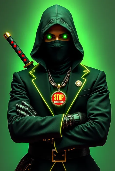  A mysterious and modern ninja with an attractive appearance ,  designed in a stylized and epic digital style .  The ninja wears an elegant black suit with details in bright green and yellow ,  creating a striking and unique visual contrast .  The suit has...