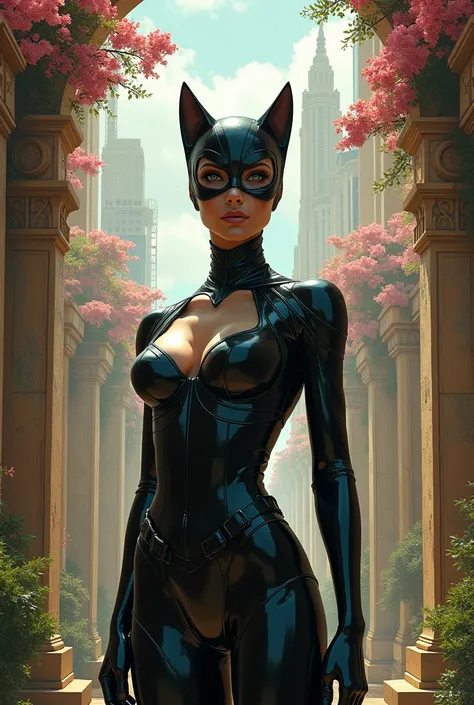 Catwoman, poised majestically in a meld of the future and ancient Egyptian city setting, is encircled by trees in full bloom, eggs on towering structures with a dynamic interplay into a panorama of an awe-inspiring Fusion, recalling the art of Carne Griffi...