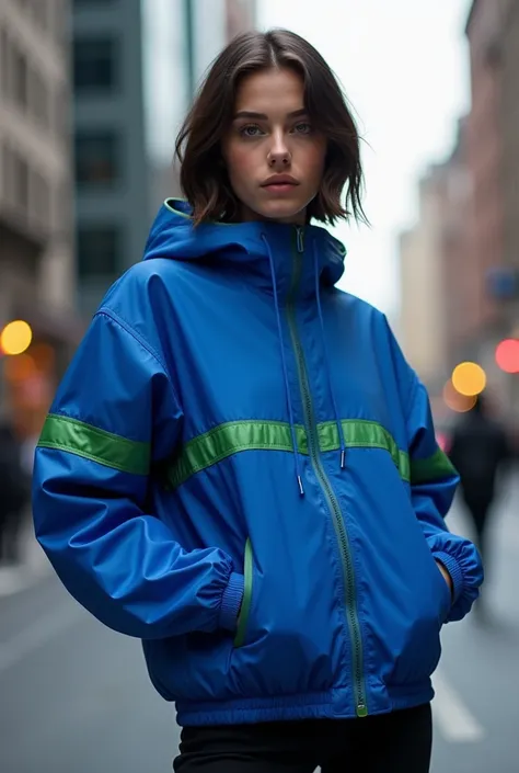 Royal blue windbreaker jacket with a thin green stripe on the front of the sleeves