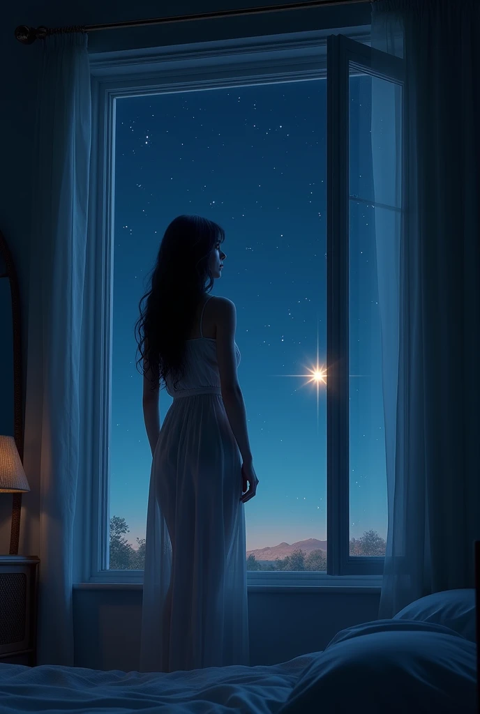 A beautiful woman in a nightgown ,  is standing by the window and looking at the stars shining at night.  Night time view there is a star that says . 3d human real image . 