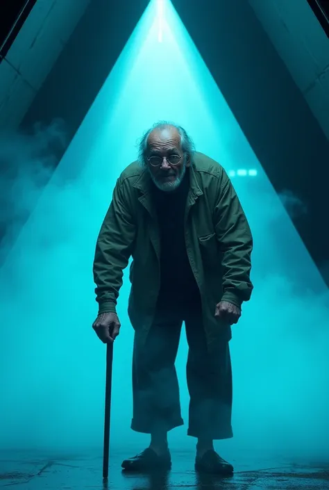  an older man standing in a futuristic setting ,  illuminated by a dramatic blue light that creates a mystical atmosphere. the man is hunched over,  holding a wooden cane ,  and wear loose and wrinkled clothing ,  and glasses that reflect soft light .  Beh...