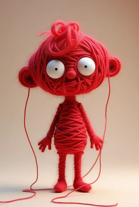 Yarny de Unravel, A red wool doll , thin, with completely white eyes ,  its head is shaped like a croissant turned upside down