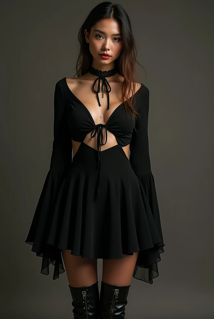 Woman. Black mini dress with a flared skirt with long flowing bell sleeves, and cut-out details on the waist, accessorized with a black lace choker tied in a bow, thigh-high stockings, and black leather chunky ankle heel platform boots